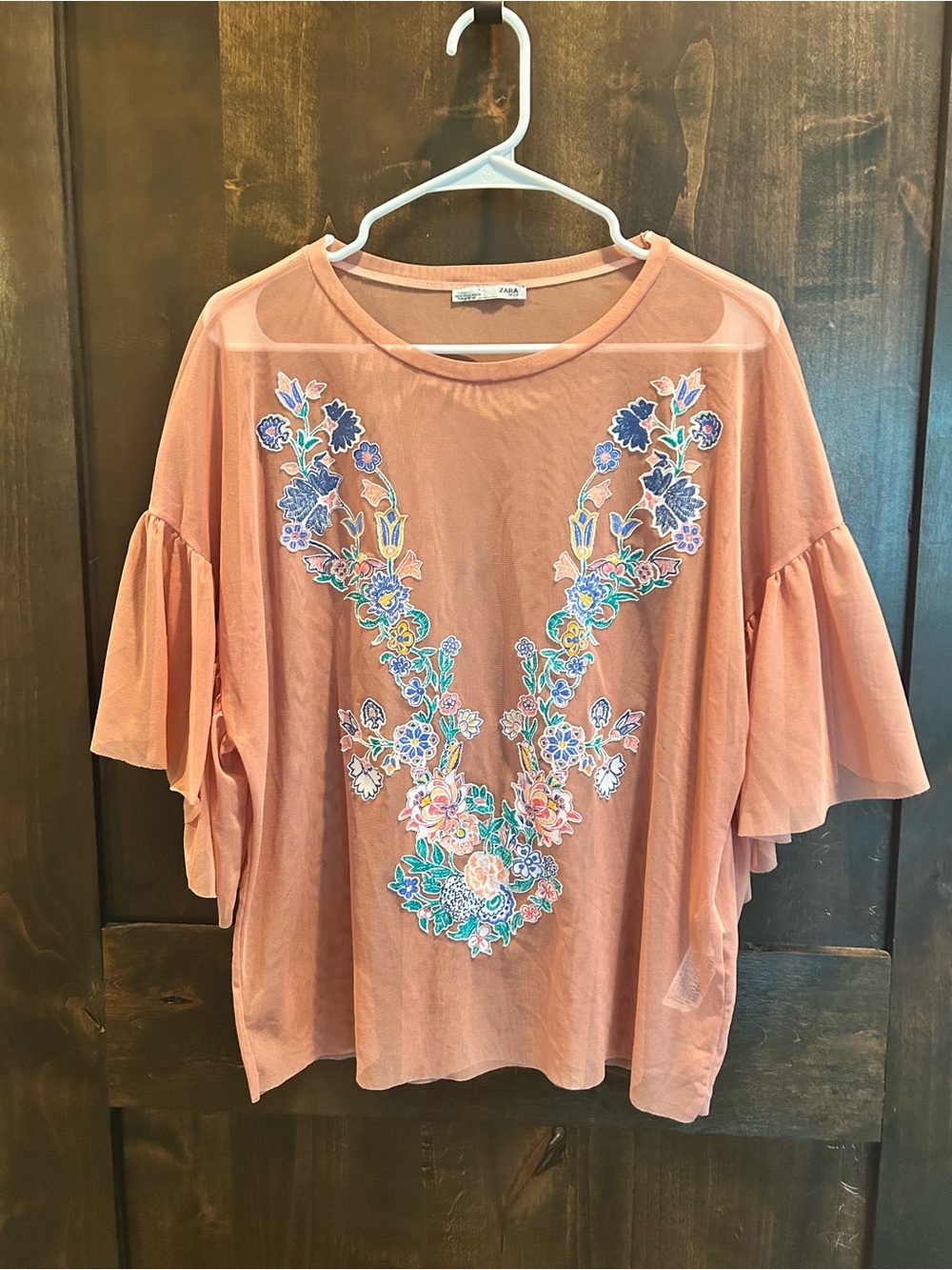 Zara Peach Embroidered Flutter Sleeve Sheer Blouse